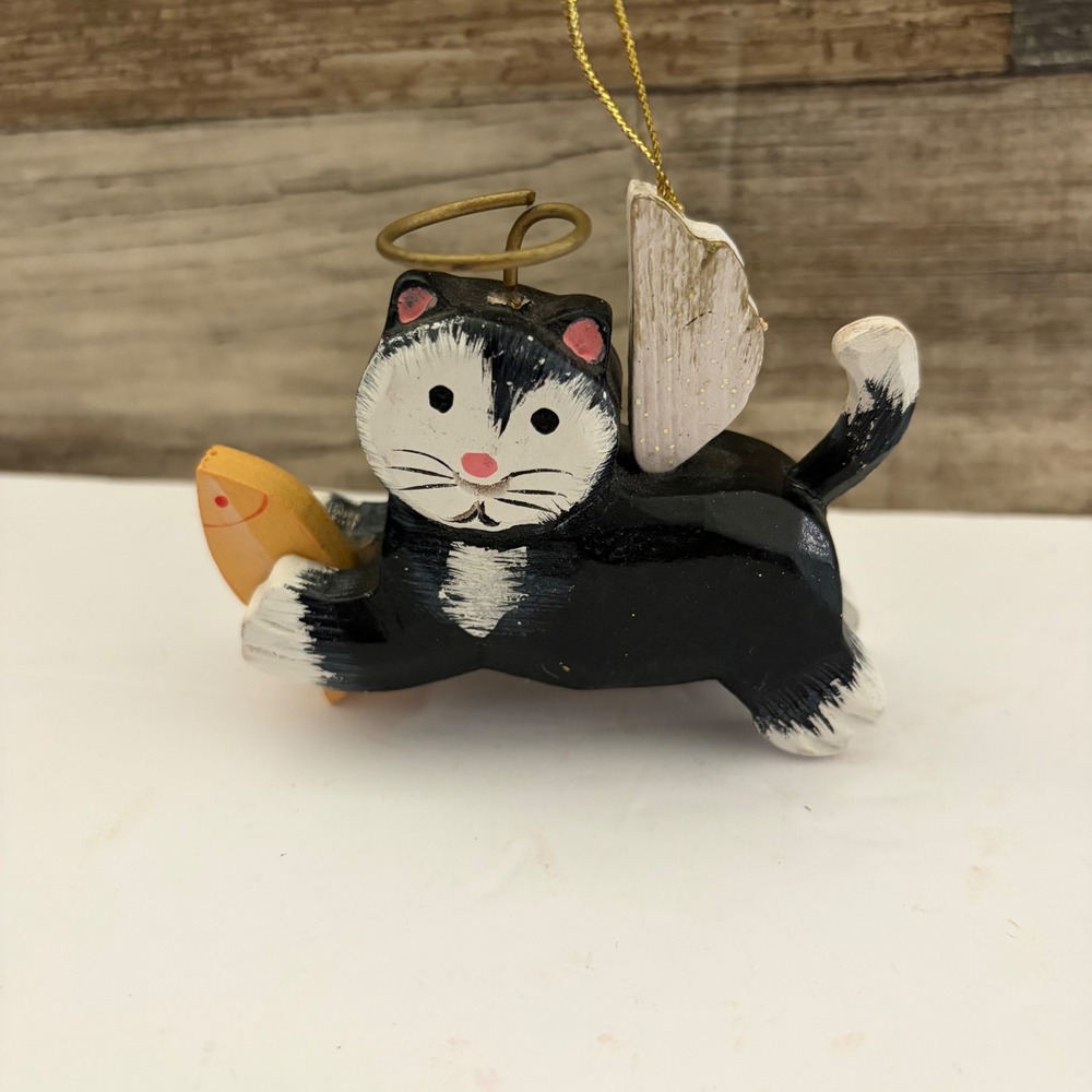 Vintage Wooden Angel Tuxedo Cat Christmas Ornament Hand Painted Halo Wings Fish